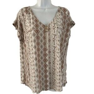 Flower & Feather Womens Lightweight Cap Sleeve Blouse XL Gold Zipper Faux Pocket